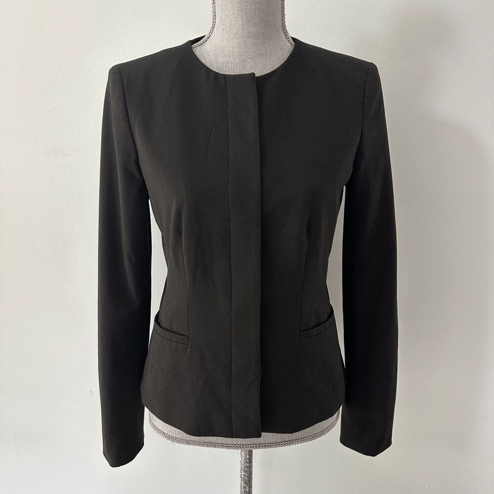 Ann Taylor Black Collarless Blazer Jacket Womens Size 2 Concealed Hidden Button